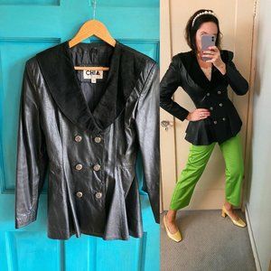 Vintage Black Leather Peplum Hem Jacket